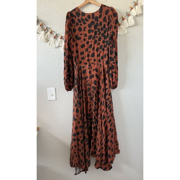 Megan Renee Talia Drape Animal Print Wrap Maxi Dress Brown Boho Contemporary M - Picture 2 of 10